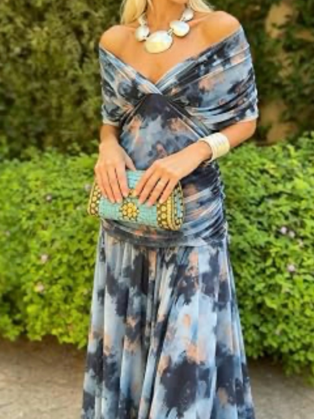 Amazon Off-Shoulder Blue and Gray Tie-Dye Maxi Dress
